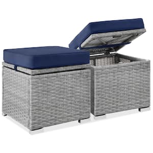 Gray Wicker Outdoor Ottoman, Multipurpose Outdoor Patio Furniture with Removable Navy Cushions - 2-Pack