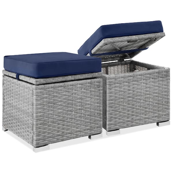 Best Choice Products Gray Wicker Outdoor Ottoman, Multipurpose Outdoor Patio Furniture with Removable Navy Cushions - 2-Pack
