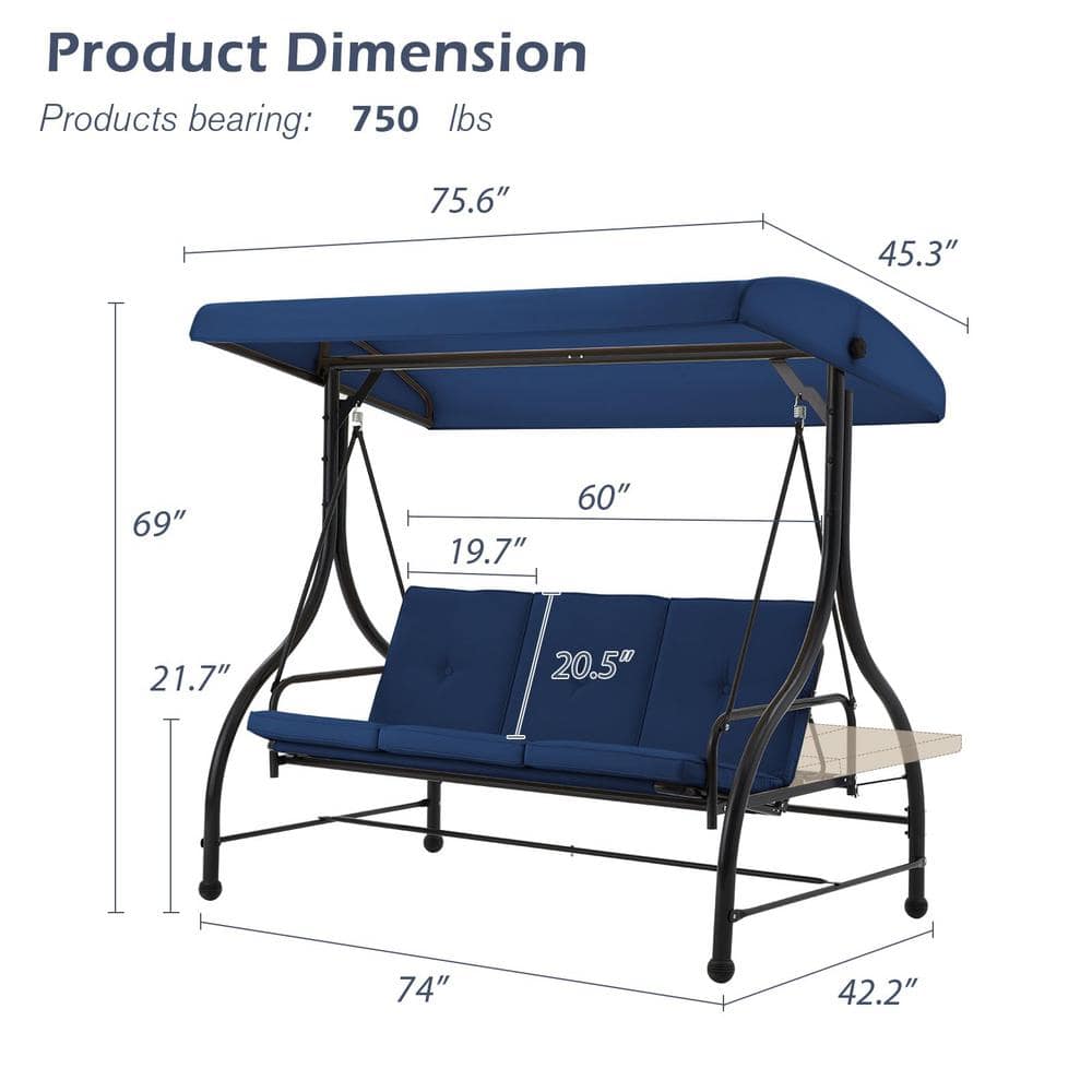 Blue Cushioned Steel Frame 3-Person Porch Swing with Adjustable Canopy