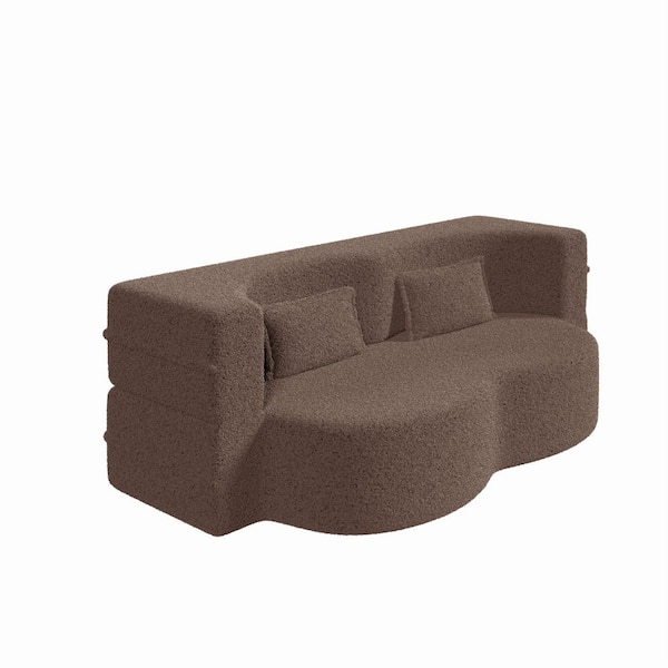 78 in Square Arm Fabric Curved 3 in 1 Sofa with Pillows Foam-Filled Sleeper Sofa Bed, 15" Full Folding Mattress in Brown