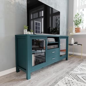 Dion Teal Wood 59 in. Modern Kitchen, Dining Room Buffet Sideboard Storage Cabinet w/3 Tempered Glass Doors, 3 Drawers