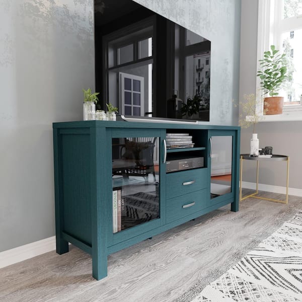 Carnegy Avenue Dion Teal Wood 59 in. Modern Kitchen, Dining Room Buffet Sideboard Storage Cabinet w/3 Tempered Glass Doors, 3 Drawers