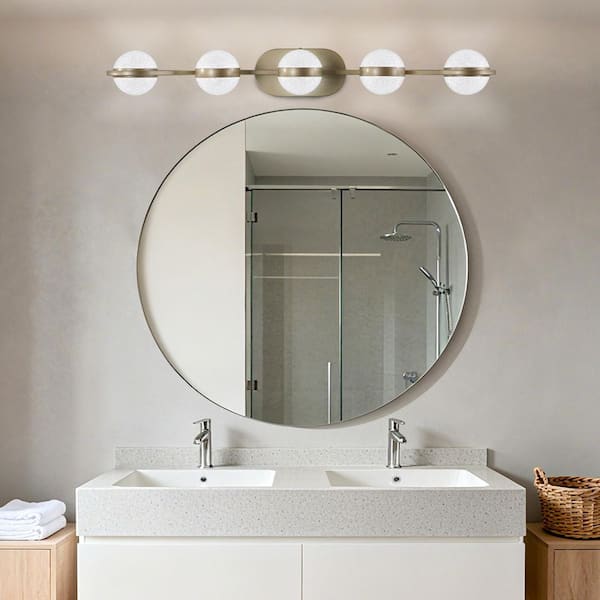 35.4 in. 5-Light Gold LED Vanity Light Bar Over Mirror with Acrylic Globe Frosted White Lampshade