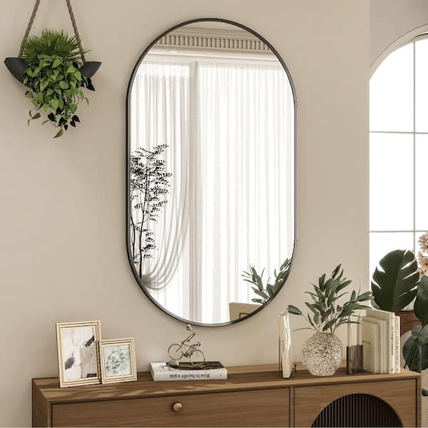 20 in. W x 35.8 in. H Modern Oval Black Aluminum Alloy Framed Bathroom Mirror Wall Mirror