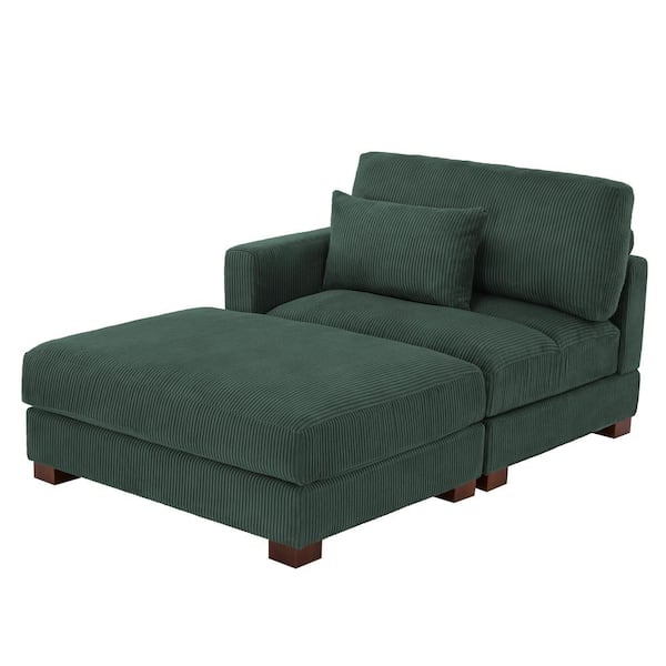 Uixe Hunter Green Corduroy Polyester Upholstered Sectional Left Arm Facing Chaise Lounge with Ottoman