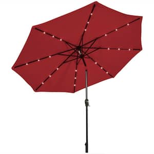 10 ft. Iron Market Solar LED Lighted Tilt Patio Outdoor Umbrella in Red with Crank