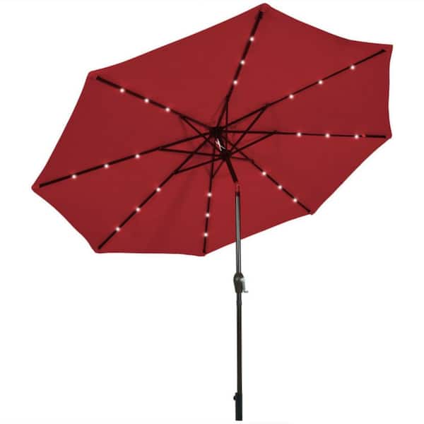 Clihome 10 ft. Iron Market Solar LED Lighted Tilt Patio Outdoor Umbrella in Red with Crank
