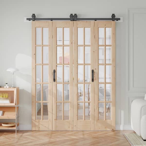 60 in. x 84 in. 1 Lite Pre Assembled Clear Glass Solid Core Wood Brown Bi-Fold Door with Hardware