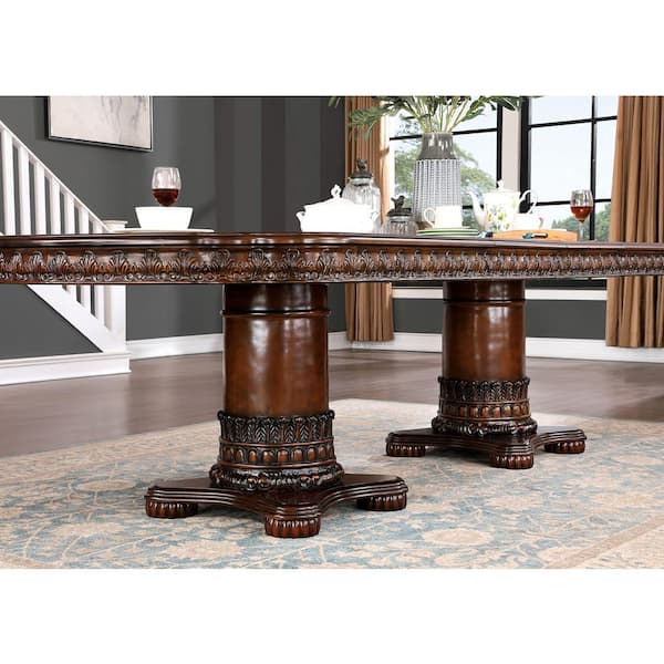 Furniture of America La Salla Traditional Oval Brown Cherry Wood 120 in.  Double Pedestal Dining Table with Extension Leaf (Seats 8) IDF-3144T