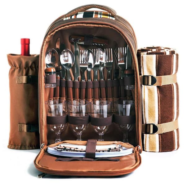 Nylon Picnic Basket Backpack for 4 Person with Blanket, Wine Holder, Cooler Compartment, Cutlery Set in Coffee