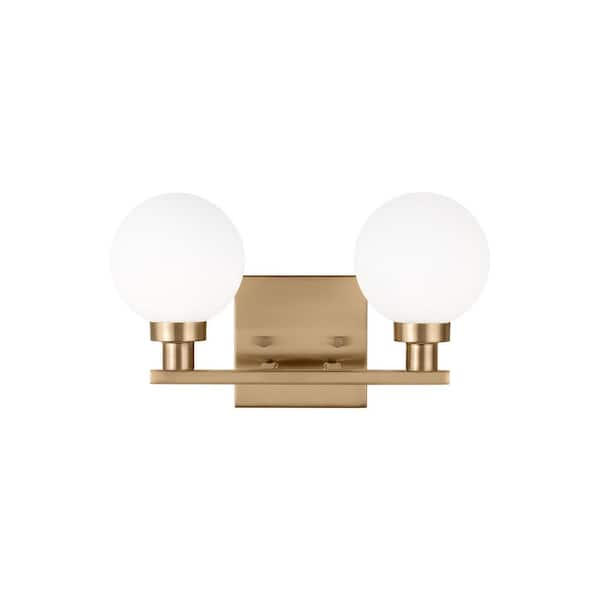 Generation Lighting Clybourn 13.25 in. 2-Light Satin Brass Vanity Light with Milk Glass Shades
