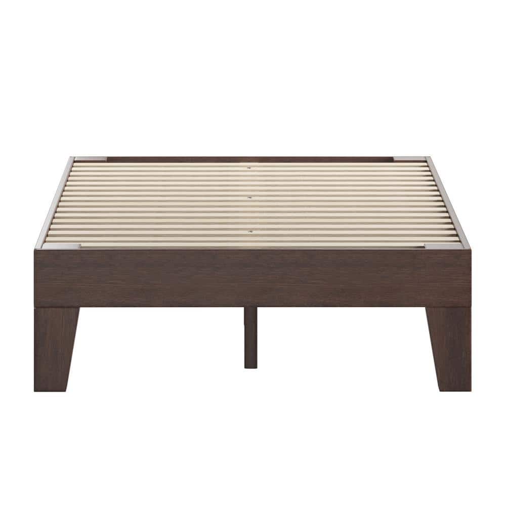 Full Walnut Solid Wood Platform Bed with Slats and Drawer