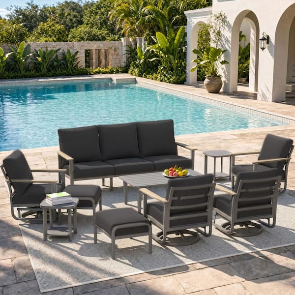 10-Piece Aluminum Patio Conversation Set with Dark Gray Olefin Cushions 5.1 In. Thick Swivel Rocking Chairs & Ottomans
