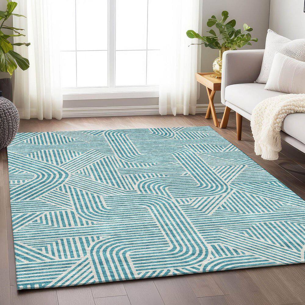 Teal Blue Flat Woven Synthetic Indoor/Outdoor Rug 5' x 7'