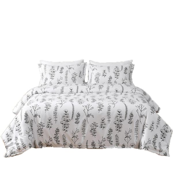 HomeRoots White Botanical Twin Microfiber Duvet Cover Set