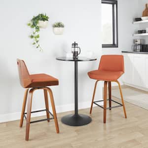 Corazza 25.25 in. Orange Fabric, Walnut Wood and Black Metal Fixed-Height Counter Stool Square Footrest (Set of 2)