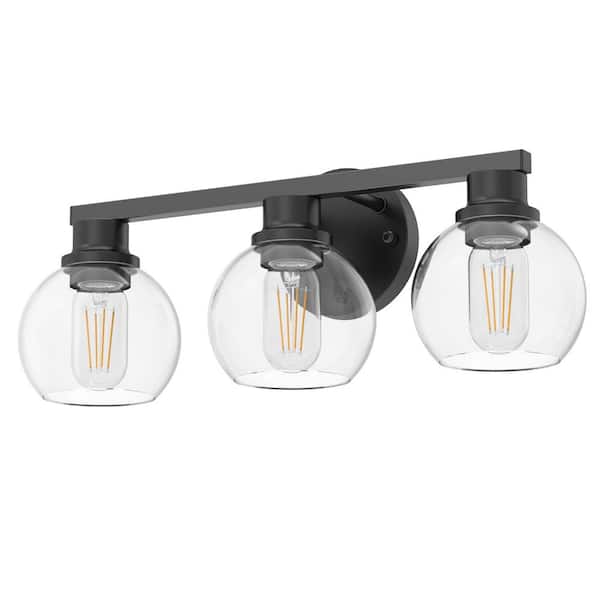 Briignite 19 in. 3-Light Black Bathroom Vanity Light with Clear Globe Shades, LED Interior Lighting for Powder Room