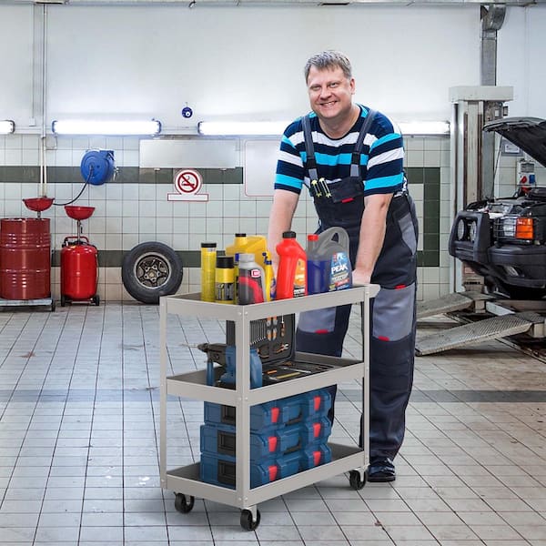 3-Tier Metal Utility Cart 400 lbs. Storage Service Trolley Tool Storage in. Gray