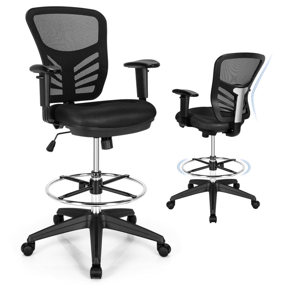 Black Mesh Adjustable Swivel Drafting Chair with Foot-Ring