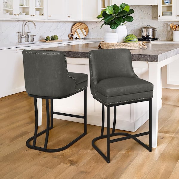 Aurora 26 in. Black Gray Faux Leather Upholstered Counter Height Bar Stool with Double Cushion Bar Stool Set of 2