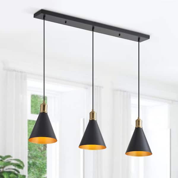 Jasslynn 3-Lights Black Pendant Lights with Cone Metal Shade for Kitchen Island Dinning Room Foyer Living Room