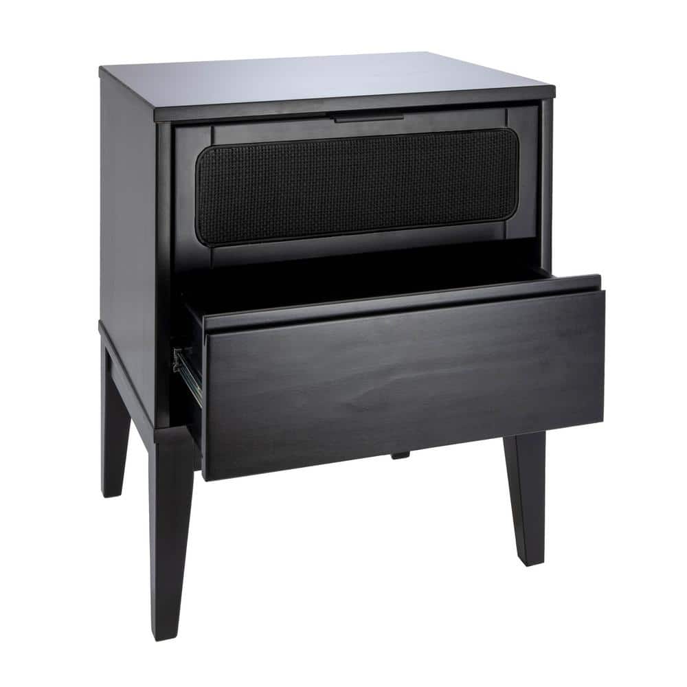 Black Wood Nightstand with Woven Cane Detail and 2 Drawers