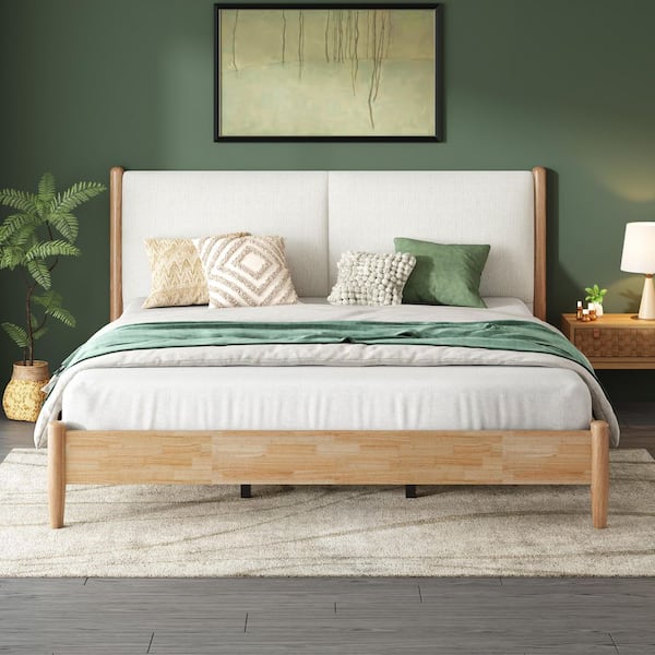 Lazario Modern White Fabric and Natural Finish Wood Frame King Platform Bed with Upholstered Headboard