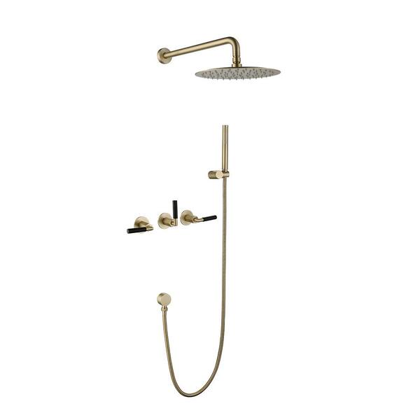 Dimakai 3-Handle 1-Spray Patterns with 3.1 GPM 9.84 in. Wall Mount Dual Shower Heads in Brushed Gold