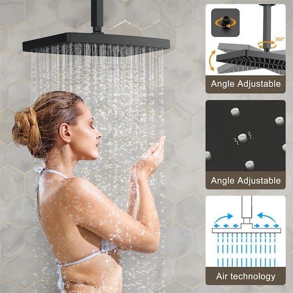 5-Spray Patterns 14 in. 1.8 GPM Round Ceiling Mount Adjustable Dual Shower Heads Handheld Shower Head in Matte Black