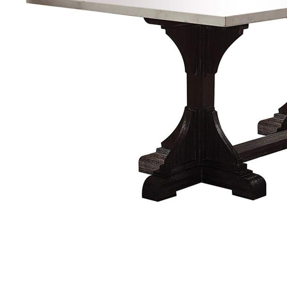 Transitional Reclaimed Wood & White Marble Dining Table, Weathered Espresso