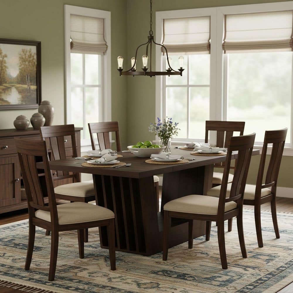 Moronia Farmhouse Dark Brown Rectangular Wood 63 in. Pedestal Dining Table with Heavy-Duty Base Seats 6 price history on PriceWatchPro