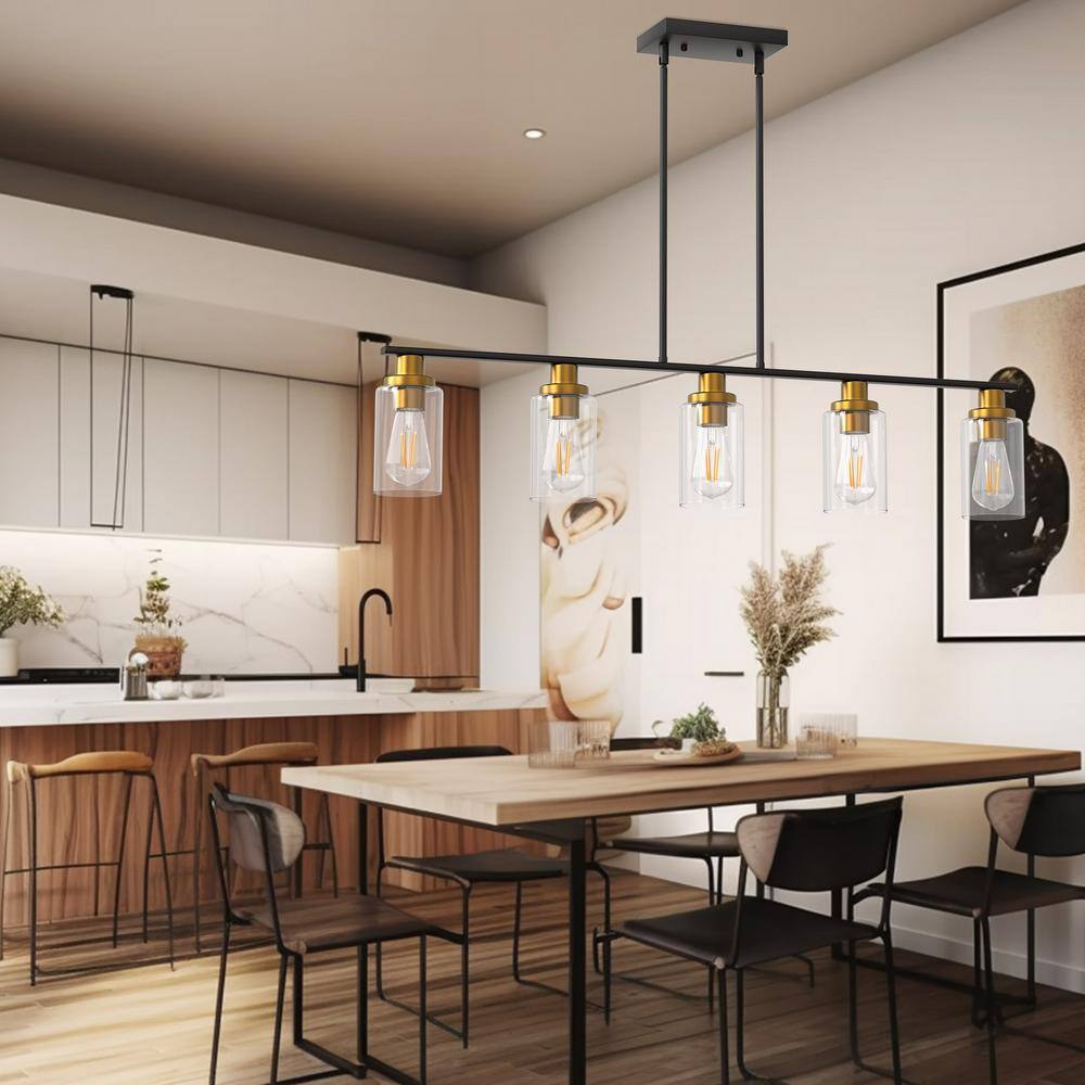 Matte Black and Gold 5-Light Linear Island Pendant with Clear Glass Shades