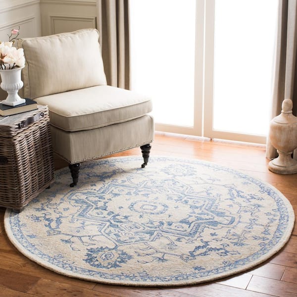 Micro-Loop 9 ft. x 9 ft. Round Ivory/Blue Floral Medallion Area Rug