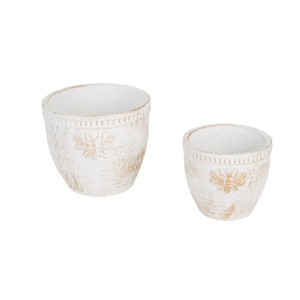 Zingz & Thingz Gold Bee White Washed Concrete Flower Pot (Set of 2)