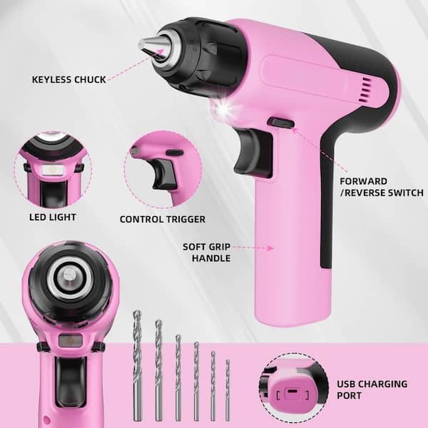 Laybus 188-Pcs Pink Tool Set Drill Set with Pink Cordless Drill