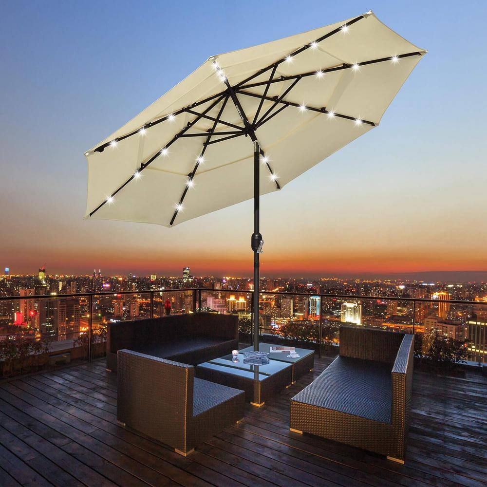 10ft Beige Solar LED Outdoor Patio Umbrella with Steel Pole