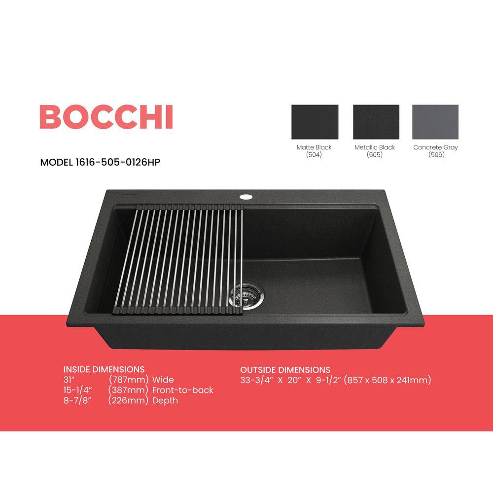 Baveno Lux 34" Metallic Black Granite Single Bowl Drop-In Kitchen Sink
