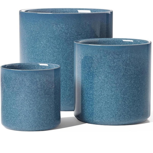 ITOPFOX Mid-Century 10.05 in. L x 10.05 in. W x 10.05 in. H Reactive Glaze Blue Ceramic Round Indoor Planter (3-Pack)