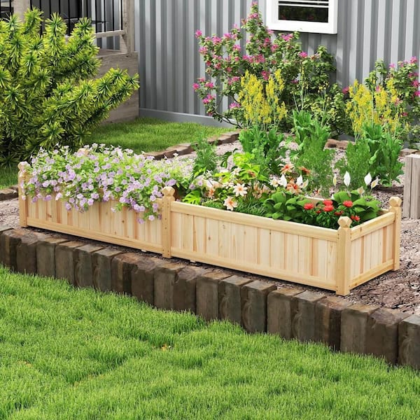 Wood Raised Garden Bed Outdoor Rectangular Planter Box with Drainage Holes Natural