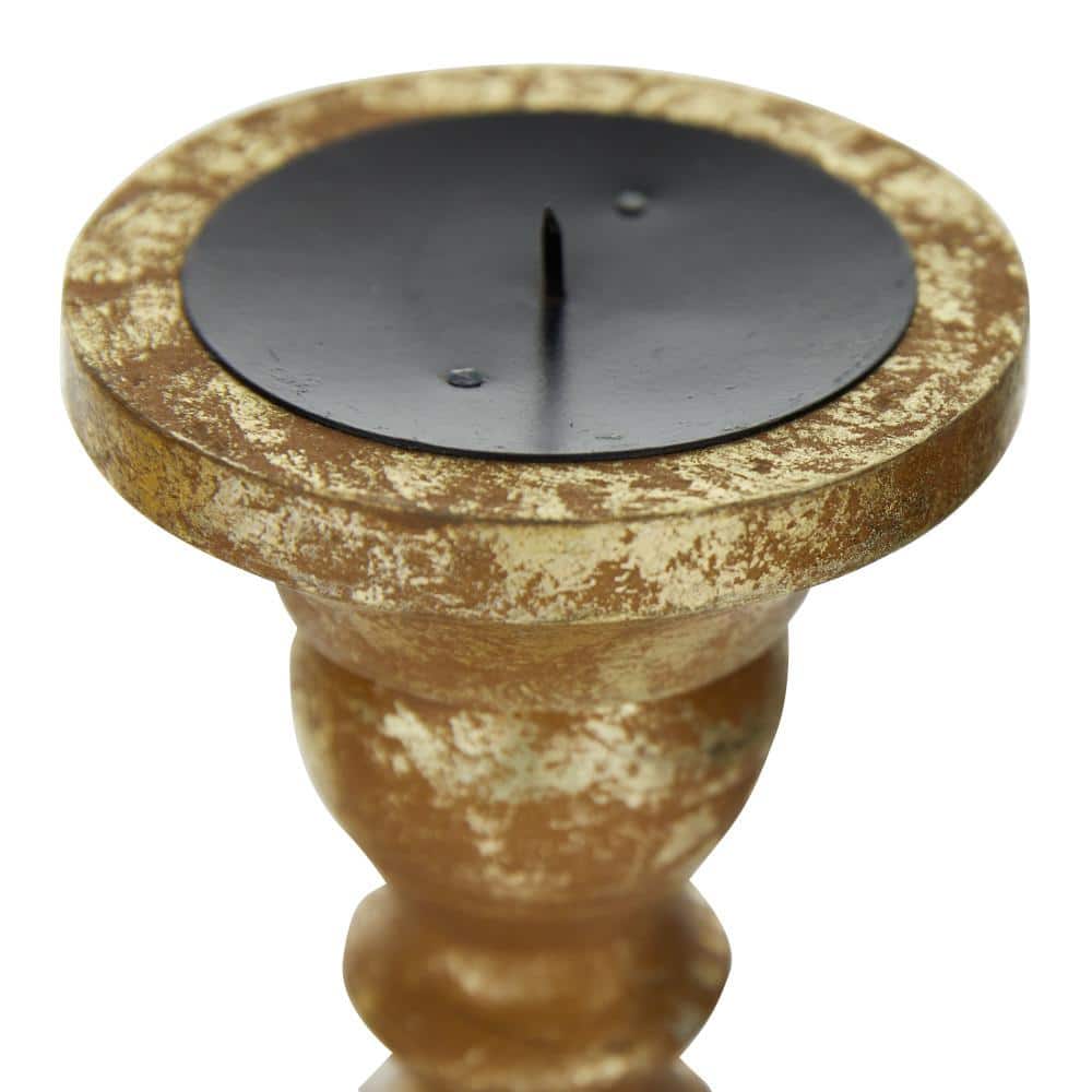 Classic Bronze and Wood Pillar Candle Holders Set of 3