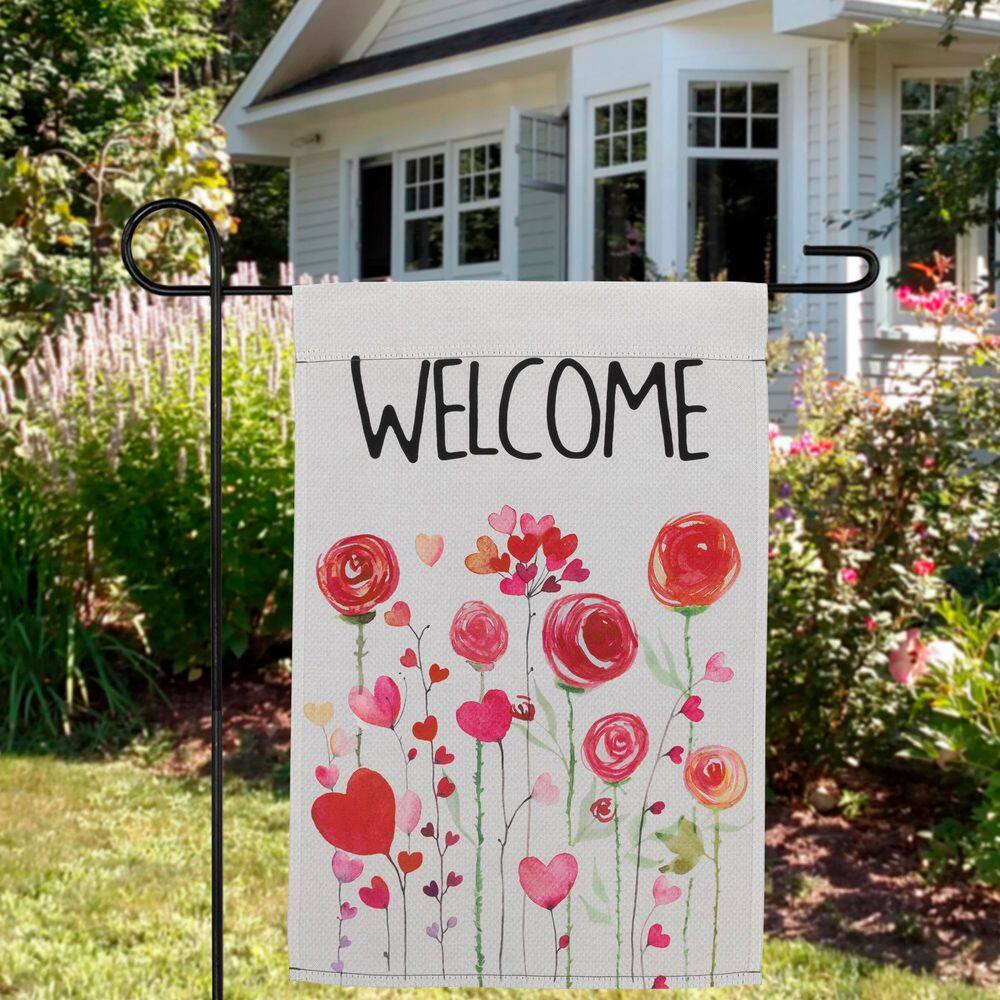 Red and Pink Polyester Valentine's Day Welcome Garden Flag