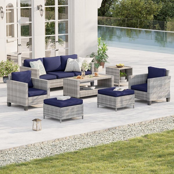Sonkuki 7-Piece Patio Conversation Set Grey Wicker Outdoor Furniture Set Three-Seat Sofa Thickening Cushions, Navy Blue