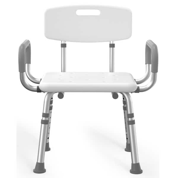 Aluminum Shower Chair in White with Arms and Back, Height Adjustable Safety Bath Seat for Elderly, Adults, Handicap