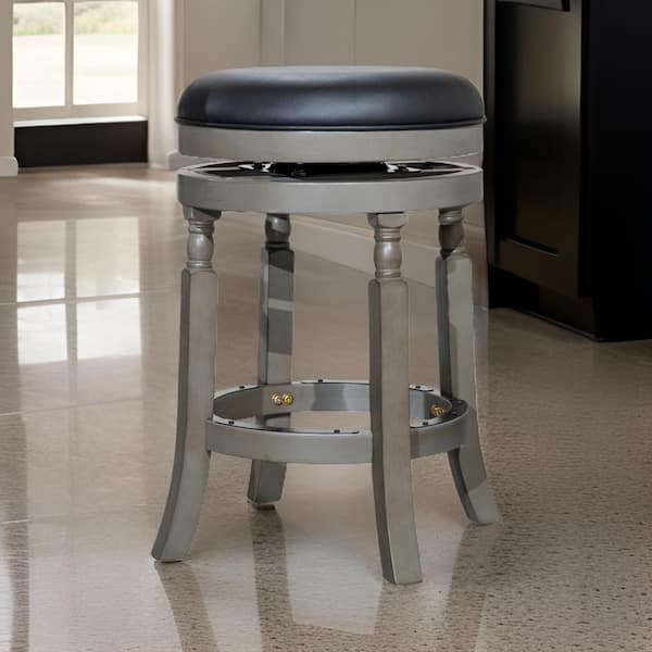 Benjara 24 in. Black and Gray Backless Wood Frame Bar Stool with Leather Seat