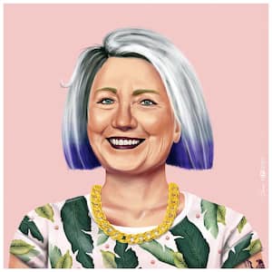 "Hip Hillary" Multi-color Free Floating Reverse Unframed Printed Tempered Art Glass Wall Art 24 in. x 24 in.