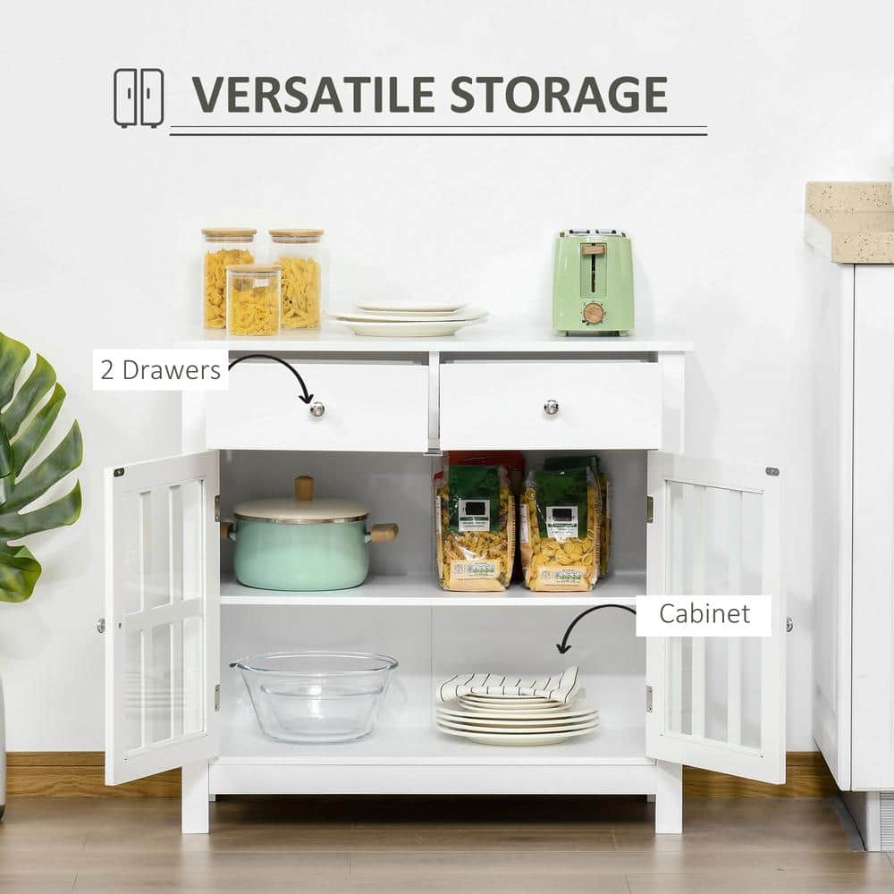 Modern White Sideboard Buffet with Glass Doors and Drawers