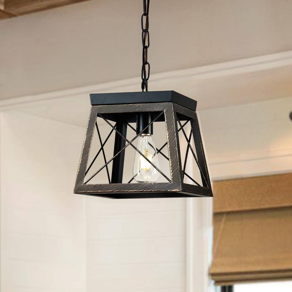 1-Light Farmhouse Mini Square Single Pendant Light with Wrought Iron Accent