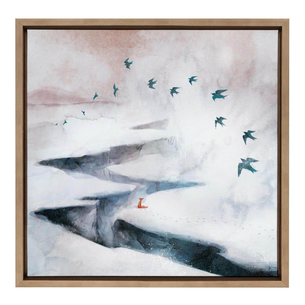 Sylvie Snow Day Fox and Birds Framed Canvas in Gold Frame