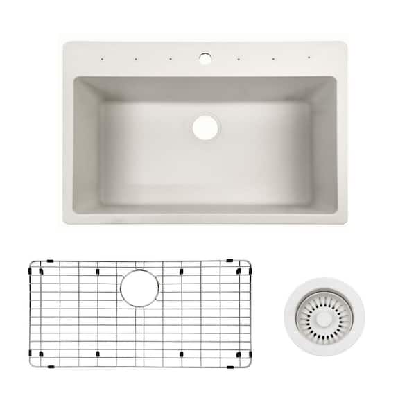33 in. Drop-in/Undermount Single Bowl Quartz Kitchen Sink in White with Bottom Grid and White Strainer