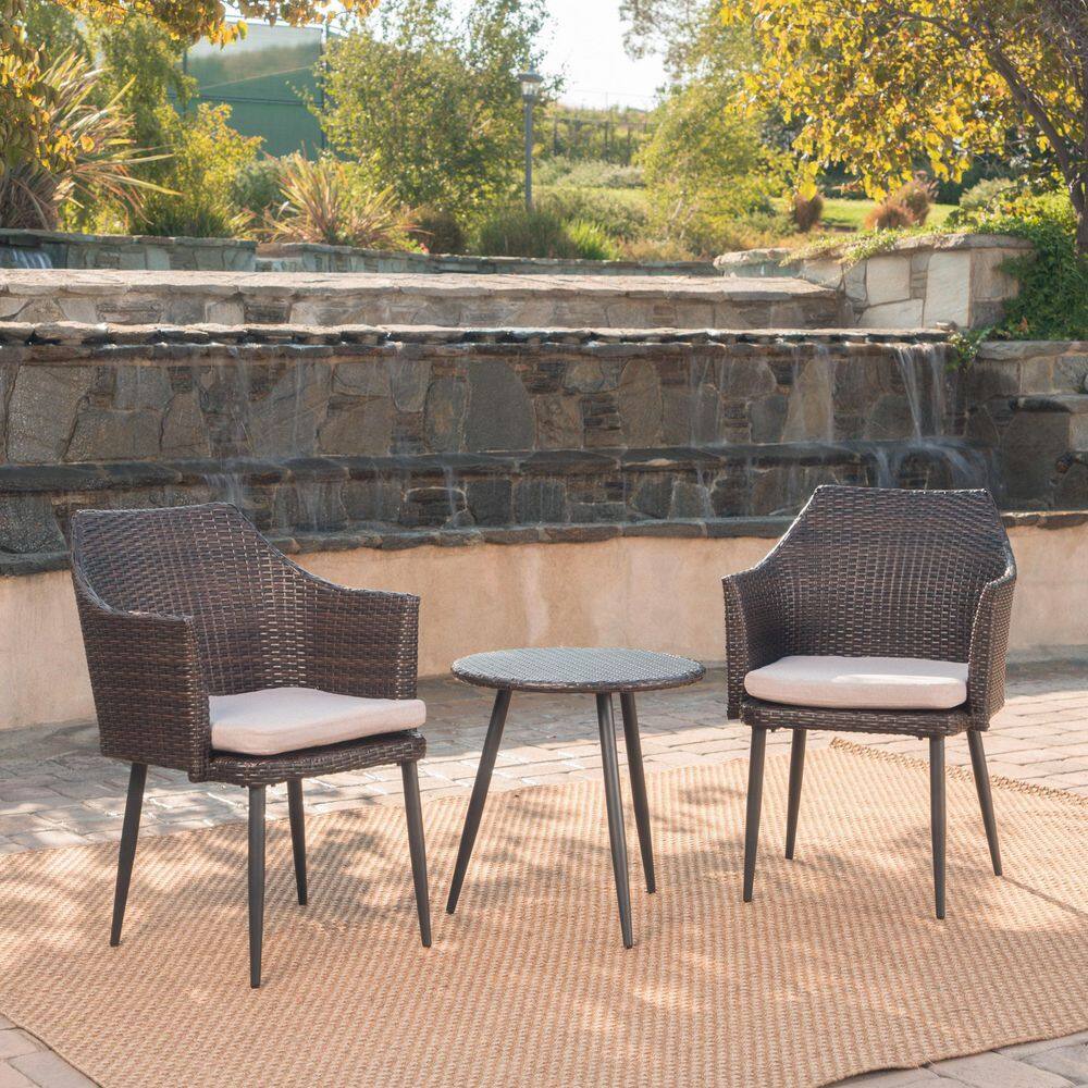 3-Piece Wicker Outdoor Chat Set Outdoor Bistro Set Patio Table and Chairs with Beige Cushion in Brown price history on PriceWatchPro